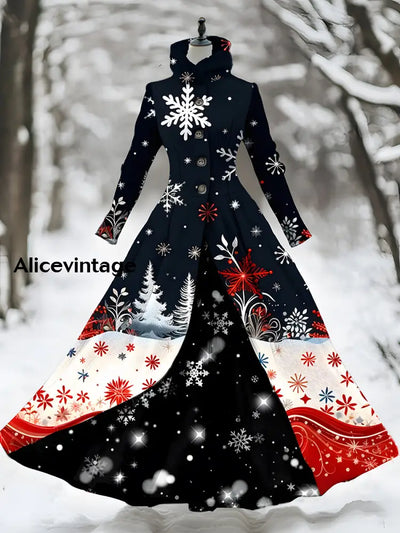 Christmas Snowflake Art Print Stand Collar Vintage Long Sleeve Fake Two Piece Maxi Dress A / S