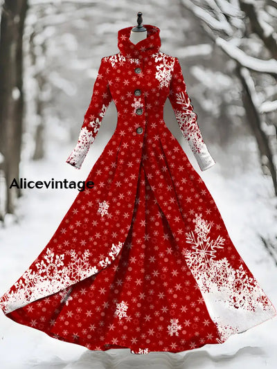 Christmas Snowflake Art Print Stand Collar Vintage Long Sleeve Fake Two Piece Maxi Dress A / S