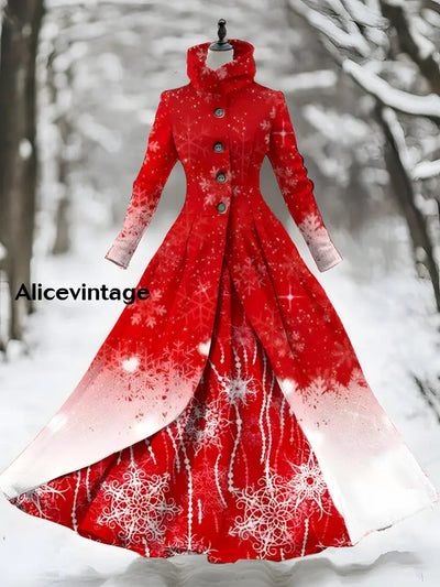 Christmas Snowflake Art Print Stand Collar Vintage Long Sleeve Fake Two Piece Maxi Dress A / S