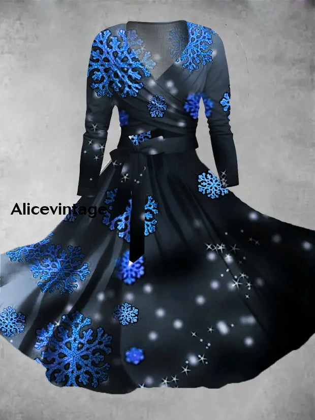 Christmas Snowflake Art Print V-Neck Long Sleeve Straps Midi Dress A / S