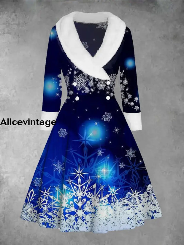 Christmas Snowflake Art Print Vintage Elegant Fur Collar Button Long Sleeve Coat Dress A / S