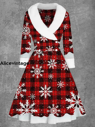 Christmas Snowflake Art Print Vintage Elegant Fur Collar Button Long Sleeve Midi Dress A / S