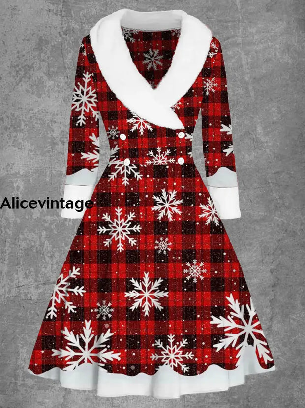 Christmas Snowflake Art Print Vintage Elegant Fur Collar Button Long Sleeve Midi Dress A / S