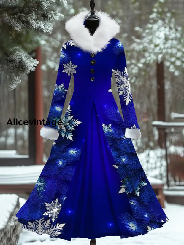 Christmas Snowflake Art Print Vintage Elegant Fur Collar Long Sleeve Fake Two Piece Maxi Dress A / S