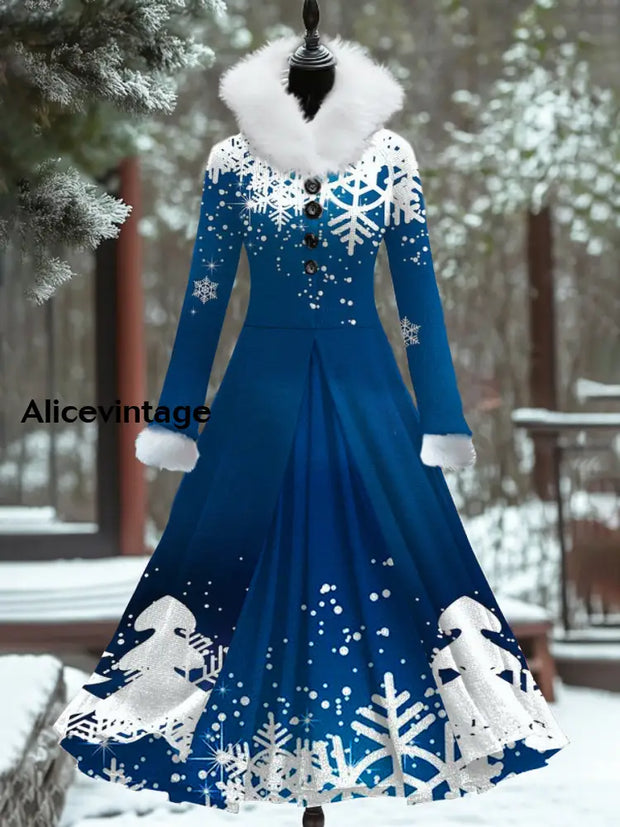 Christmas Snowflake Art Print Vintage Elegant Fur Collar Long Sleeve Fake Two Piece Maxi Dress A / S