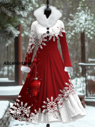 Christmas Snowflake Art Print Vintage Elegant Fur Collar Long Sleeve Fake Two Piece Maxi Dress A / S