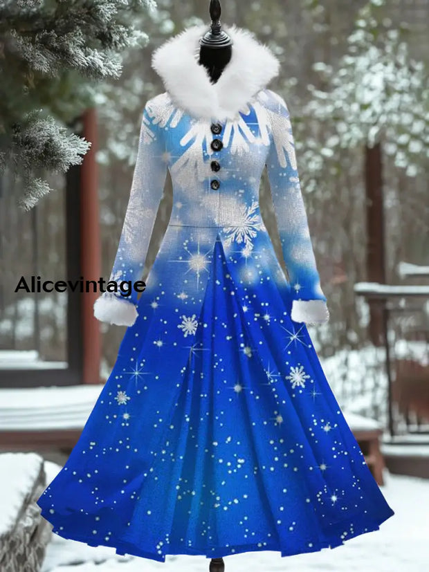 Christmas Snowflake Art Print Vintage Elegant Fur Collar Long Sleeve Fake Two Piece Maxi Dress A / S