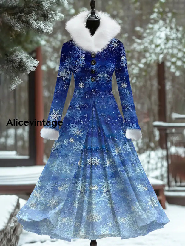 Christmas Snowflake Art Print Vintage Elegant Fur Collar Long Sleeve Fake Two Piece Maxi Dress A / S