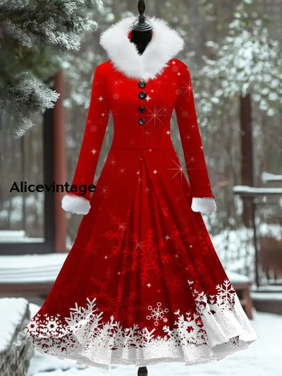 Christmas Snowflake Art Print Vintage Elegant Fur Collar Long Sleeve Fake Two Piece Maxi Dress A / S