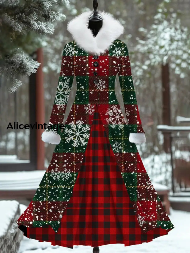 Christmas Snowflake Art Print Vintage Elegant Fur Collar Long Sleeve Fake Two Piece Maxi Dress A / S