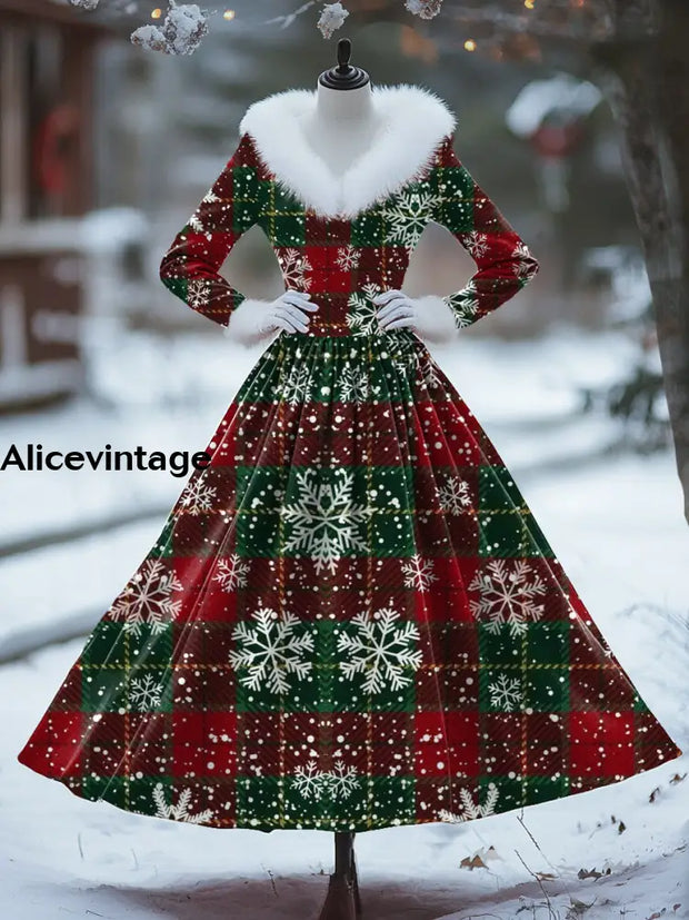 Christmas Snowflake Art Print Vintage Elegant Fur Collar Long Sleeve Midi Dress A / S