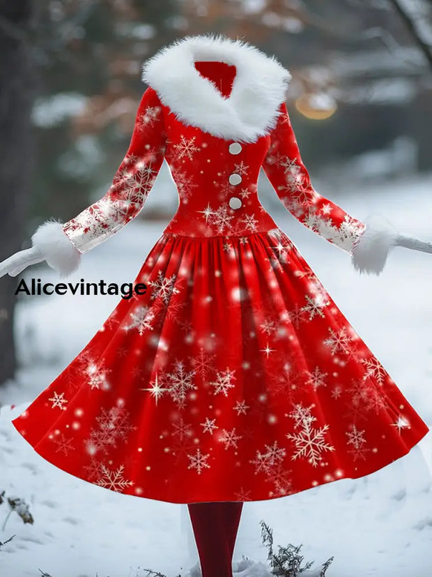 Christmas Snowflake Art Print Vintage Elegant Fur Collar Long Sleeve Midi Dress A / S