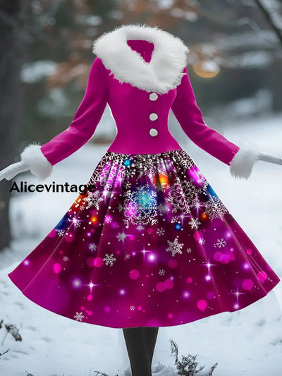 Christmas Snowflake Art Print Vintage Elegant Fur Collar Long Sleeve Midi Dress A / S