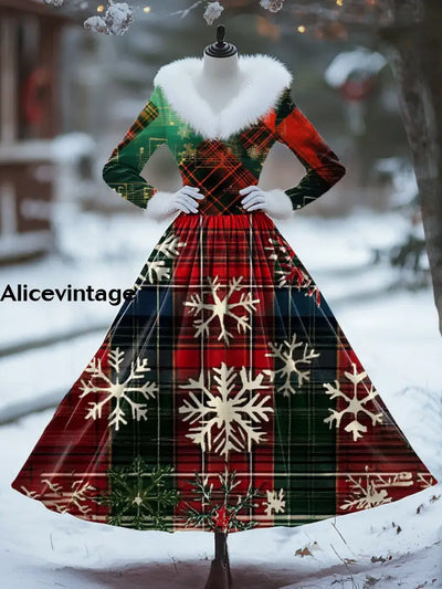 Christmas Snowflake Art Print Vintage Elegant Fur Collar Long Sleeve Midi Dress A / S