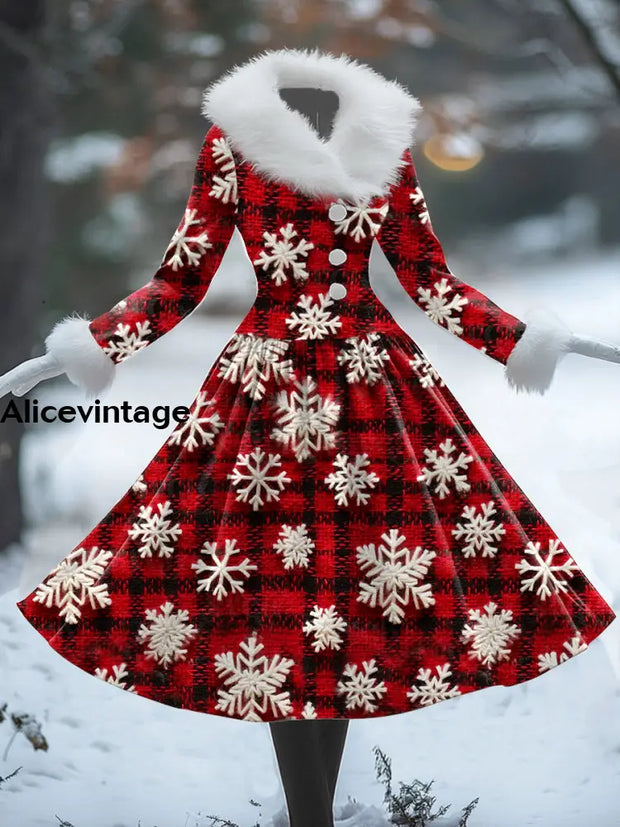 Christmas Snowflake Art Print Vintage Elegant Fur Collar Long Sleeve Midi Dress A / S