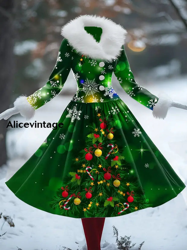 Christmas Snowflake Art Print Vintage Elegant Fur Collar Long Sleeve Midi Dress A / S