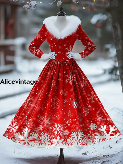 Christmas Snowflake Art Print Vintage Elegant Fur Collar Long Sleeve Midi Dress A / S