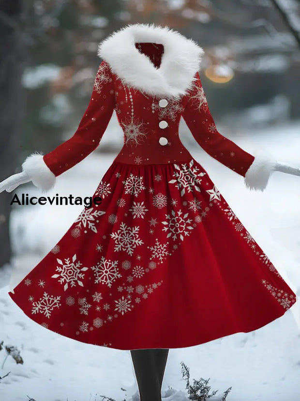 Christmas Snowflake Art Print Vintage Elegant Fur Collar Long Sleeve Midi Dress A / S