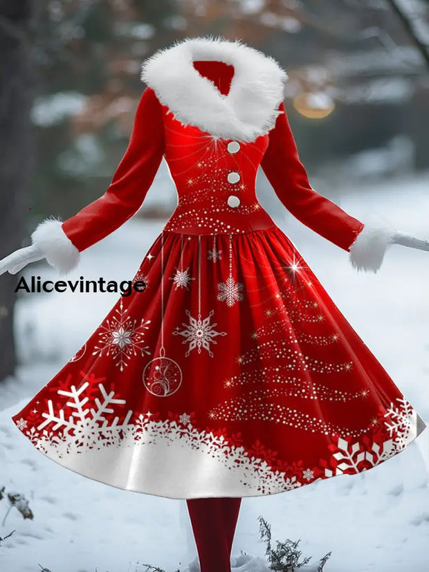 Christmas Snowflake Art Print Vintage Elegant Fur Collar Long Sleeve Midi Dress A / S