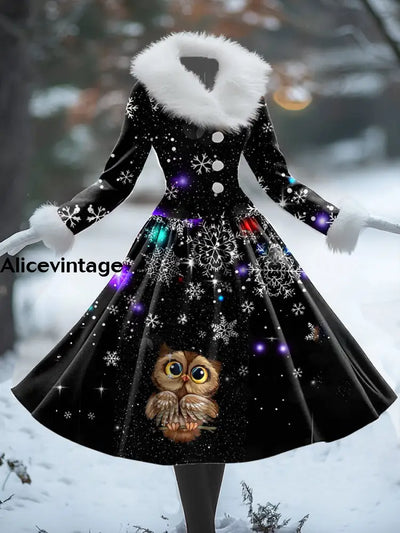 Christmas Snowflake Art Print Vintage Elegant Fur Collar Long Sleeve Midi Dress A / S