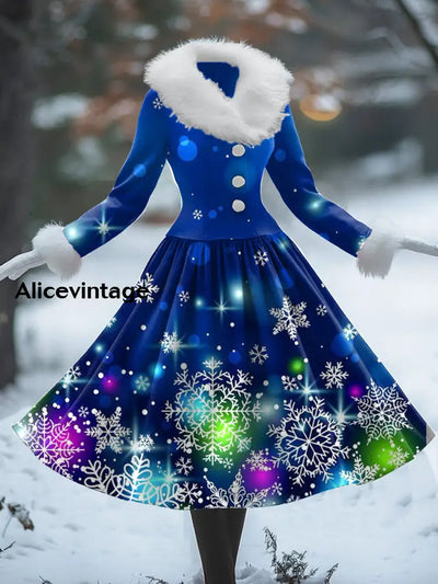 Christmas Snowflake Art Print Vintage Elegant Fur Collar Long Sleeve Midi Dress A / S