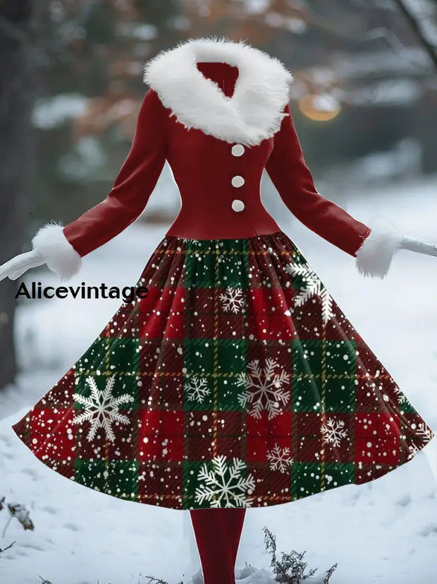 Christmas Snowflake Art Print Vintage Elegant Fur Collar Long Sleeve Midi Dress A / S