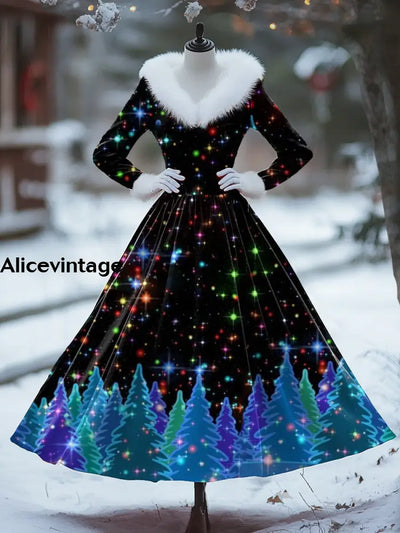 Christmas Snowflake Art Print Vintage Elegant Fur Collar Long Sleeve Midi Dress A / S