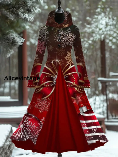 Christmas Snowflake Art Print Vintage Elegant Long Sleeve Fake Two Piece Hooded Dress A / S