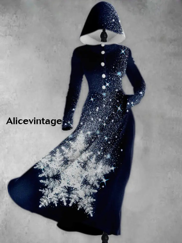 Christmas Snowflake Art Print Vintage Elegant Long Sleeve Hooded Dress