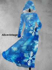 Retro Snowflakes Art Printed Vintage Elegant Button Up Hooded Long-Sleeved Midi Dress