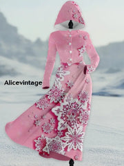 Christmas Snowflake Art Print Vintage Elegant Long Sleeve Hooded Dress A / S