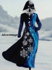 Retro Snowflakes Art Printed Vintage Elegant Button Up Hooded Long-Sleeved Midi Dress A / S