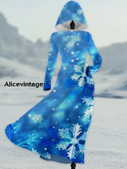 Retro Snowflakes Art Printed Vintage Elegant Button Up Hooded Long-Sleeved Midi Dress A / S