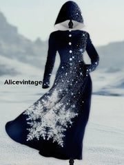 Christmas Snowflake Art Print Vintage Elegant Long Sleeve Hooded Dress A / S