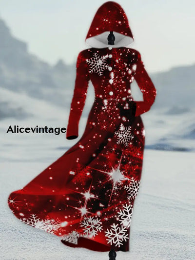 Retro Snowflakes Art Printed Vintage Elegant Button Up Hooded Long-Sleeved Midi Dress A / S