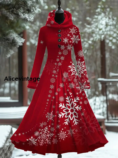 Christmas Snowflake Art Print Vintage Elegant Long Sleeve Maxi Dress A / S