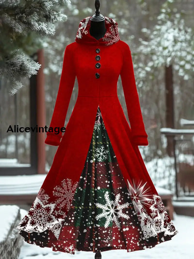 Christmas Snowflake Art Print Vintage Elegant Long Sleeve Maxi Dress A / S