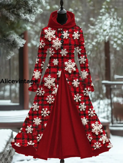 Christmas Snowflake Art Print Vintage Elegant Long Sleeve Maxi Dress Fake Two Piece A / S