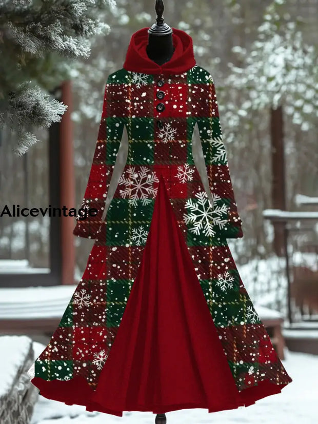 Christmas Snowflake Art Print Vintage Elegant Long Sleeve Maxi Dress Fake Two Piece A / S