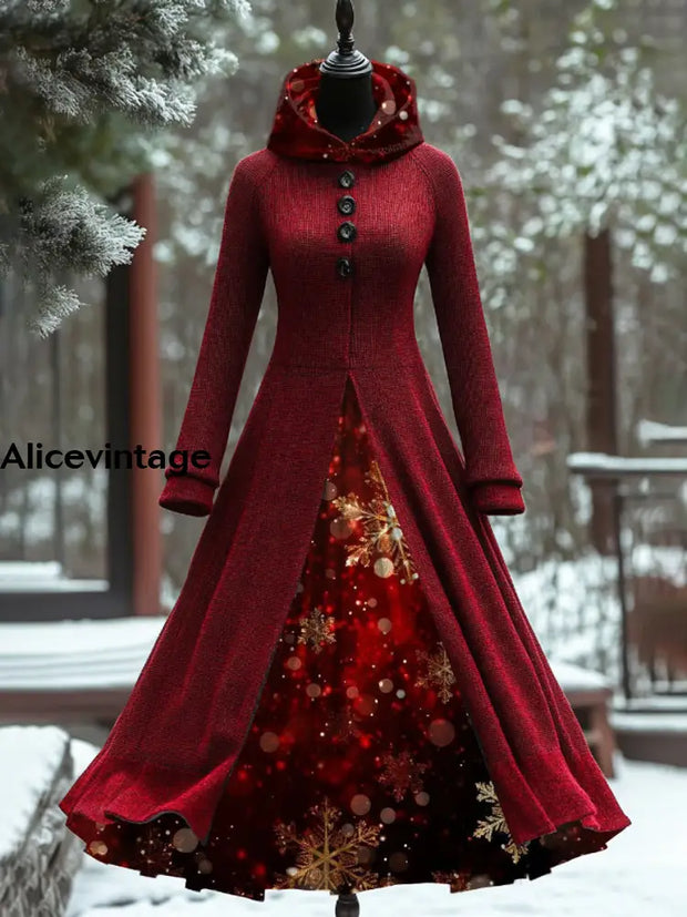 Christmas Snowflake Art Print Vintage Elegant Long Sleeve Maxi Dress Fake Two Piece A / S