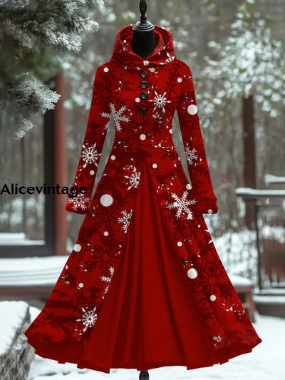 Christmas Snowflake Art Print Vintage Elegant Long Sleeve Maxi Dress Fake Two Piece A / S