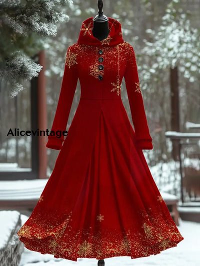 Christmas Snowflake Art Print Vintage Elegant Long Sleeve Maxi Dress Fake Two Piece A / S