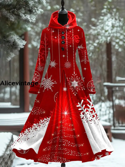 Christmas Snowflake Art Print Vintage Elegant Long Sleeve Maxi Dress Fake Two Piece A / S