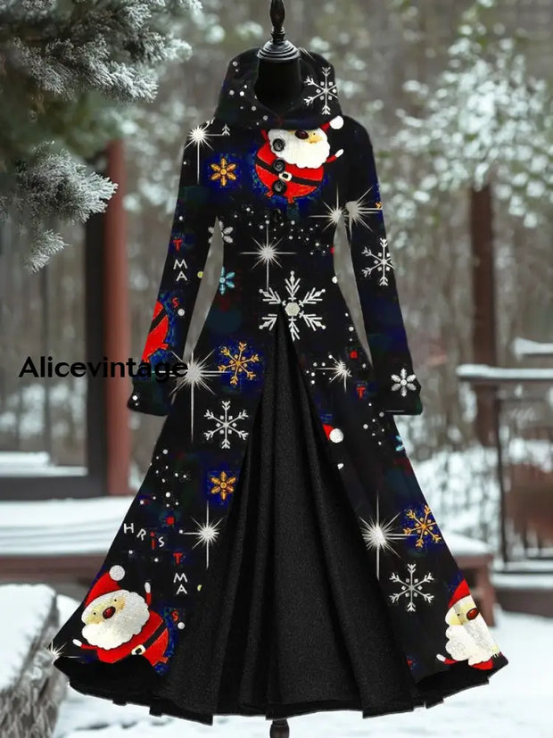 Christmas Snowflake Art Print Vintage Elegant Long Sleeve Maxi Dress Fake Two Piece Hooded A / S