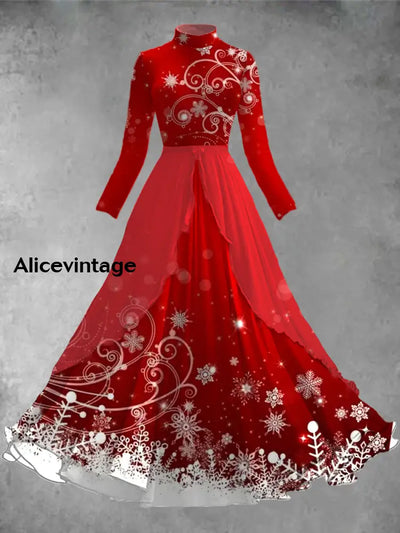 Christmas Snowflake Art Print Vintage Elegant Long Sleeve Midi Dress A / S