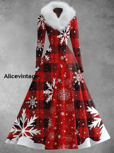 Christmas Snowflake Art Print Vintage Elegant V-Neck Fur Collar Long Sleeve Midi Dress A / S