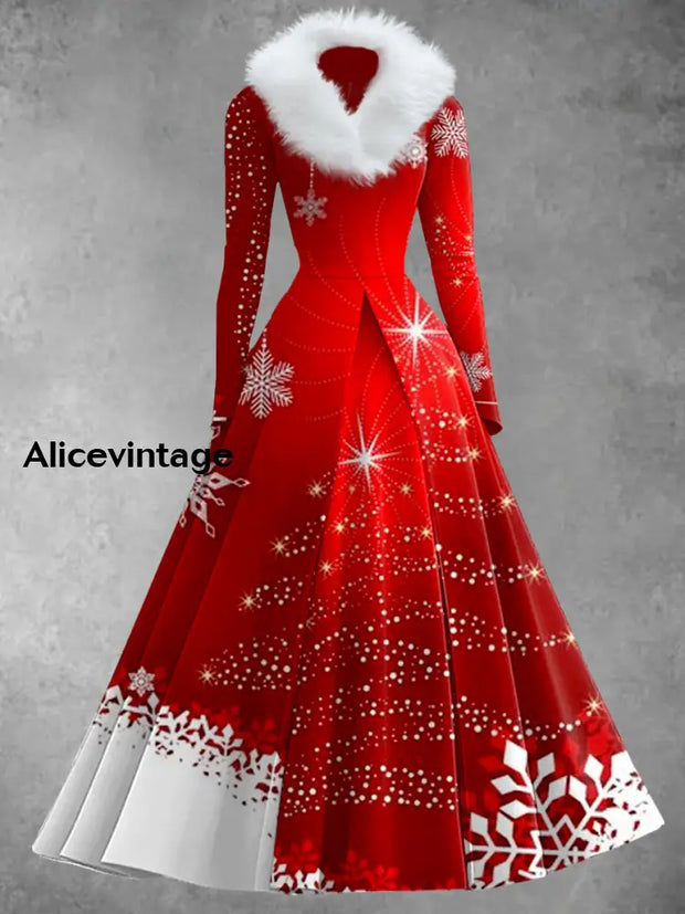 Women’s Vintage Christmas Art Print V-Neck Fur Long Sleeve 50S Elegant Slim Fit Midi Dress A / S