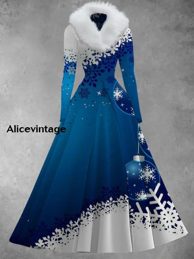 Christmas Snowflake Art Print Vintage Elegant V-Neck Fur Collar Long Sleeve Midi Dress A / S