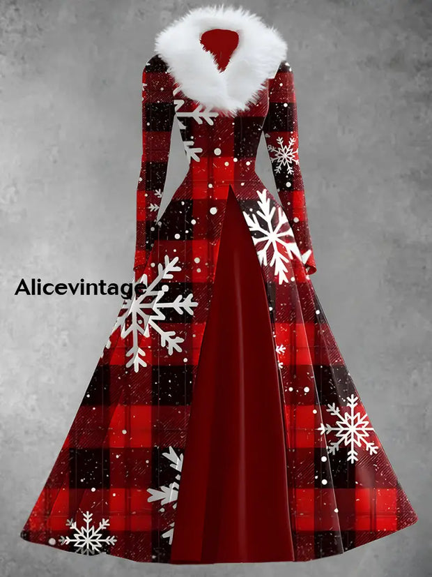 Women’s Vintage Christmas Art Print V-Neck Fur Long Sleeve 50S Elegant Slim Fit Midi Dress A / S