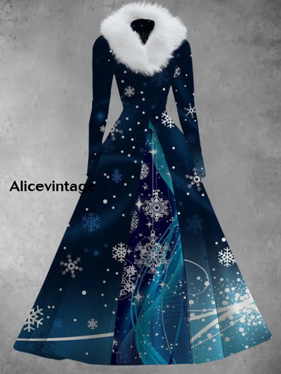 Christmas Snowflake Art Print Vintage Elegant V-Neck Fur Collar Long Sleeve Midi Dress A / S